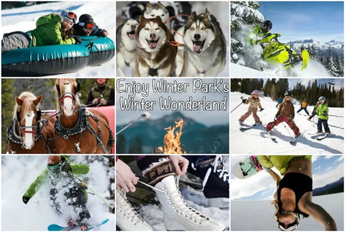 This vibrant exterior shot captures families and children joyfully tubing down snowy hills, surrounded by Siberian huskies, snowmobiles, and horses pulling a sleigh, with a cozy fire pit in the background. The image brims with energetic winter fun and group activities, all set in a scenic snowy landscape.