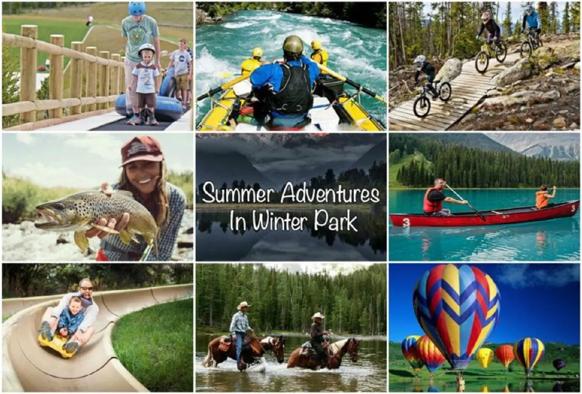 A bright, sunlit scene of families participating in a variety of outdoor adventures: rafting on a river, cycling along scenic trails, and enjoying nature’s beauty. Hot air balloons float in the background, adding a touch of magic and capturing the essence of summer fun and exploration.