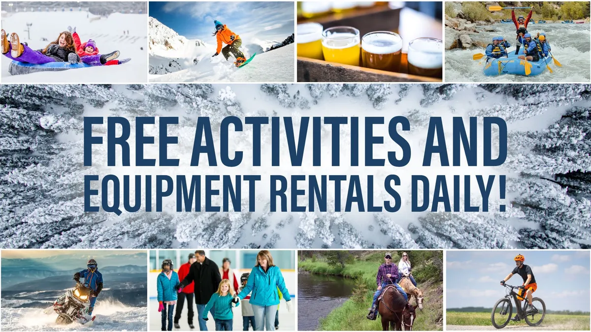 A vibrant outdoor scene showcasing people engaging in various exhilarating activities including skiing, snowboarding, whitewater rafting, biking, and hiking. The image captures both winter and summer adventures, with snow-capped mountains and flowing rivers in the backdrop. Groups of friends and families are seen sharing laughs, enjoying craft beer, and partaking in outdoor recreation.