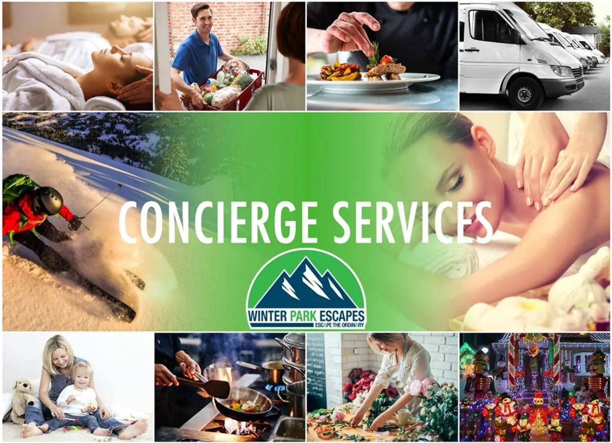 A collage-style interior image showcasing spa treatments in a serene setting, gourmet catering, family cooking classes, holiday festivities, and ski activities. The image radiates warmth, luxury, and togetherness, highlighting elevated experiences available to guests.